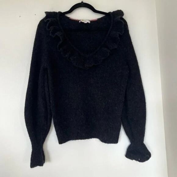 Boden Fluffy Frill Wool Blend V-Neck Sweater in Black - Picture 2 of 7
